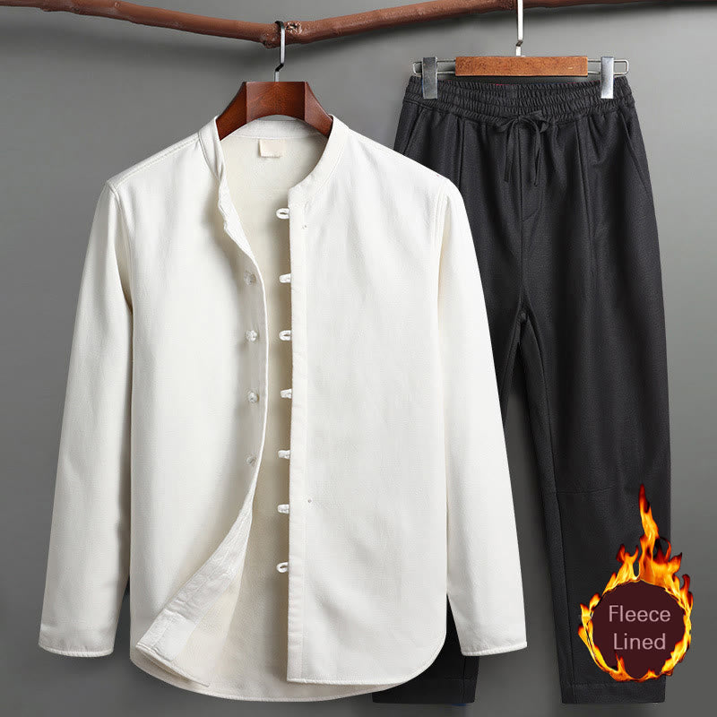 Solid Tang Suit Traditional Fleece Lined Uniform Long Sleeve Top Pants Men's Set