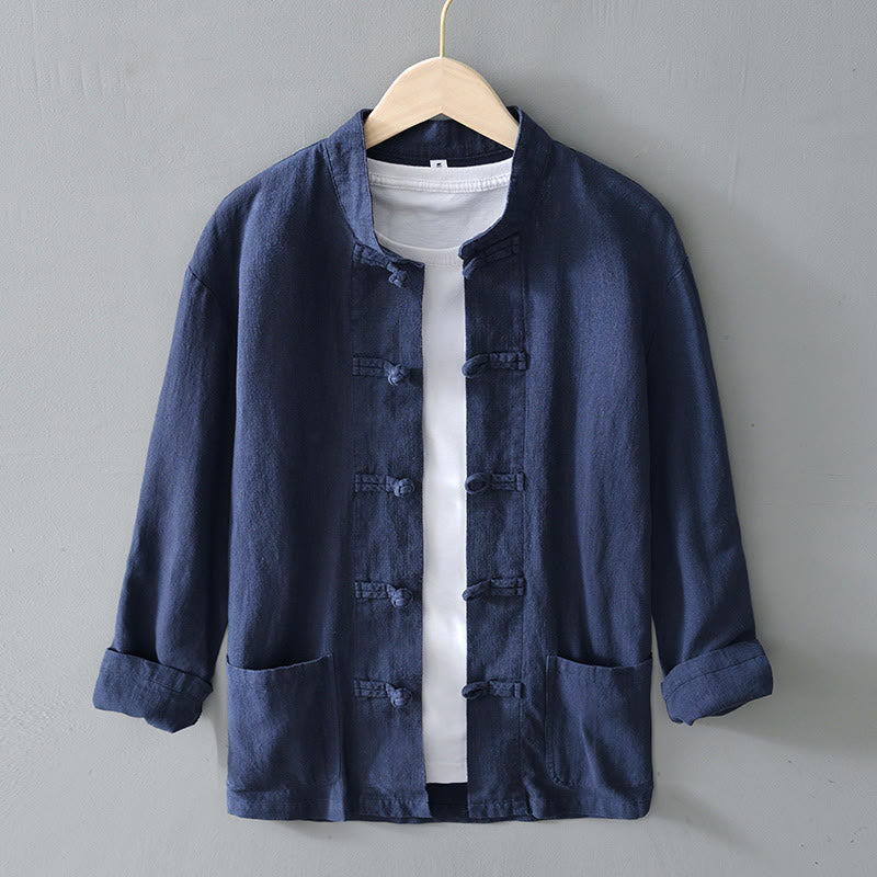 Frog-Button Chinese Tang Suit Cotton Linen Men Jacket Shirt With Pockets