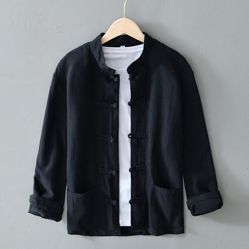 Frog-Button Chinese Tang Suit Cotton Linen Men Jacket Shirt With Pockets