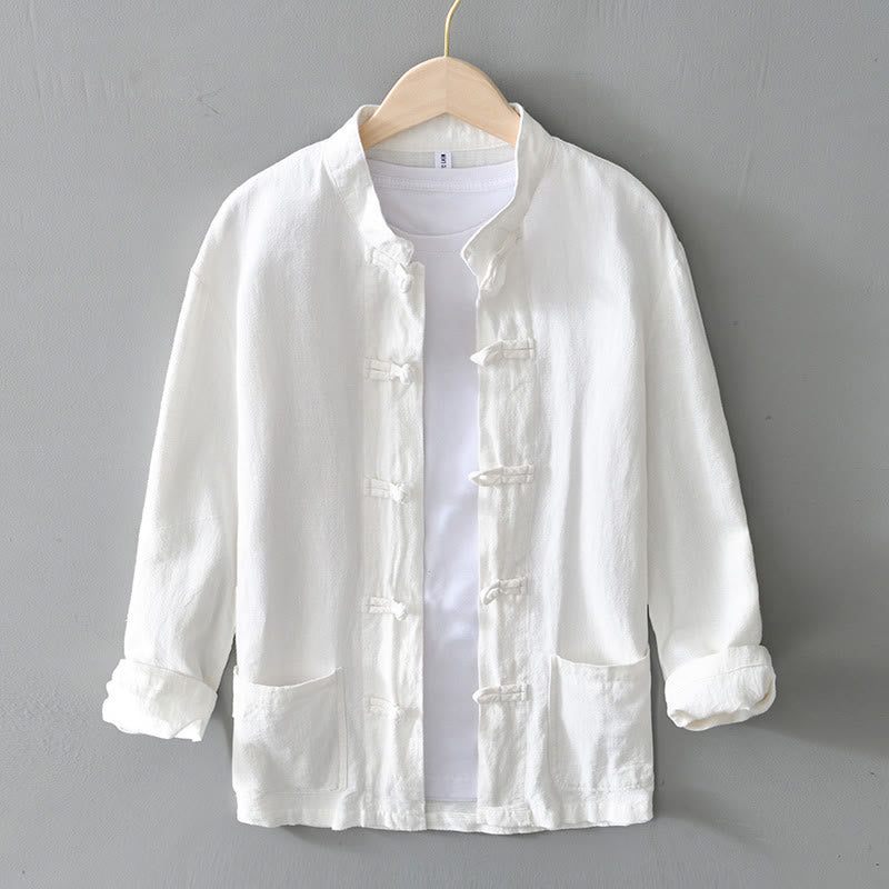 Frog-Button Chinese Tang Suit Cotton Linen Men Jacket Shirt With Pockets
