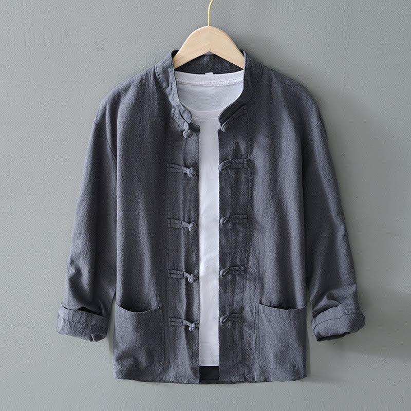Frog-Button Chinese Tang Suit Cotton Linen Men Jacket Shirt With Pockets