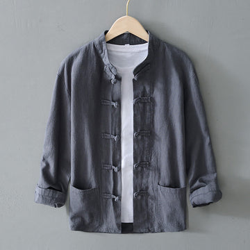 Frog-Button Chinese Tang Suit Cotton Linen Men Jacket Shirt With Pockets