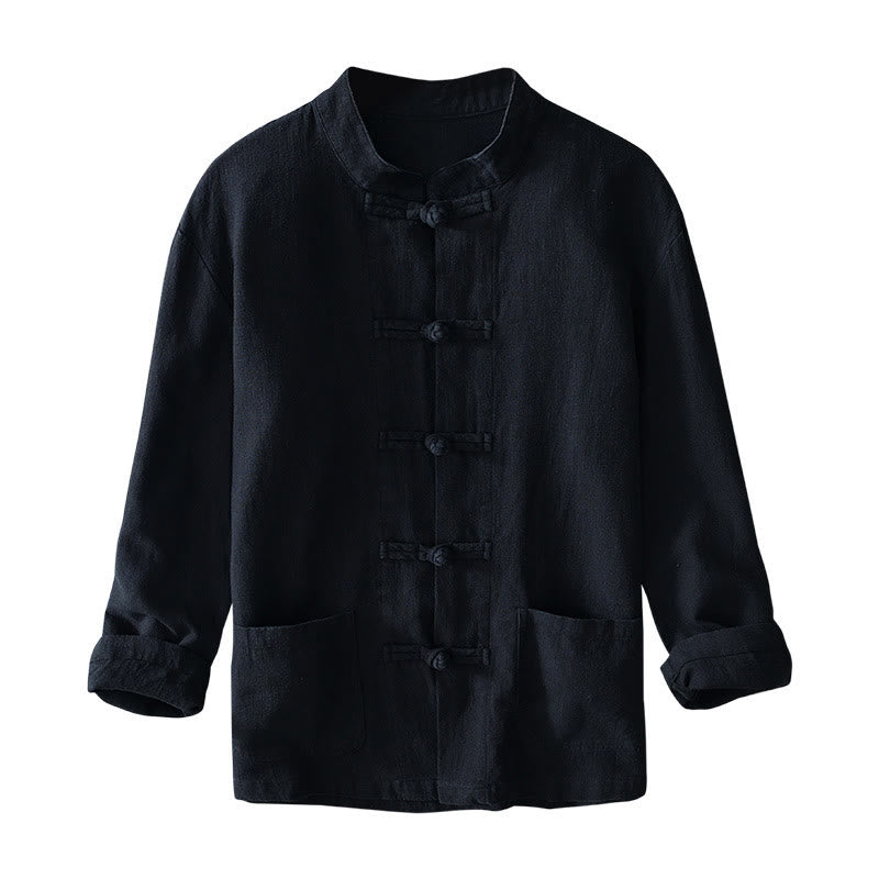 Frog-Button Chinese Tang Suit Cotton Linen Men Jacket Shirt With Pockets