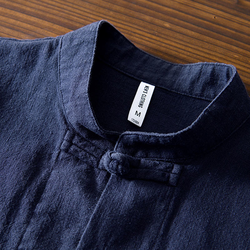Frog-Button Chinese Tang Suit Cotton Linen Men Jacket Shirt With Pockets