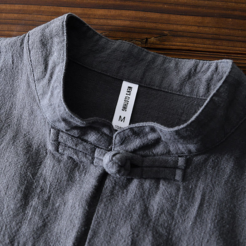 Frog-Button Chinese Tang Suit Cotton Linen Men Jacket Shirt With Pockets