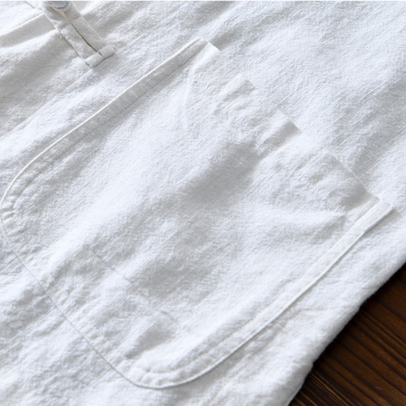 Frog-Button Chinese Tang Suit Cotton Linen Men Jacket Shirt With Pockets