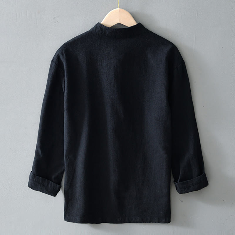 Frog-Button Chinese Tang Suit Cotton Linen Men Jacket Shirt With Pockets