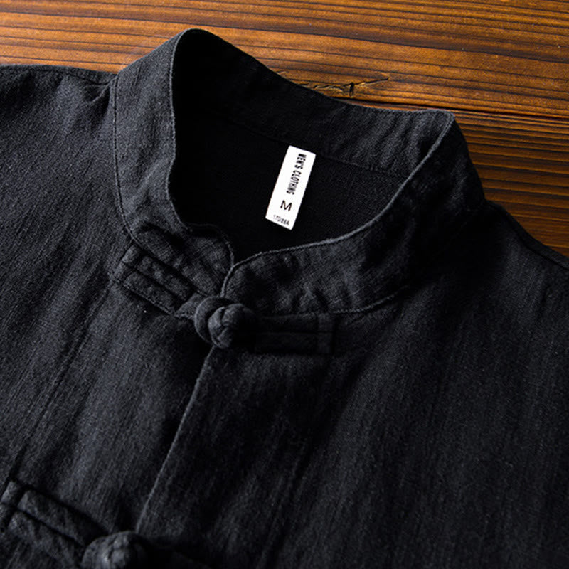 Frog-Button Chinese Tang Suit Cotton Linen Men Jacket Shirt With Pockets