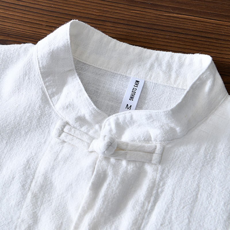 Frog-Button Chinese Tang Suit Cotton Linen Men Jacket Shirt With Pockets