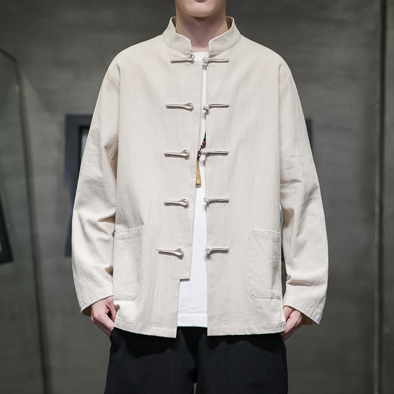 Simple Frog-Button Chinese Tang Suit Cotton Men Jacket Shirt With Pockets