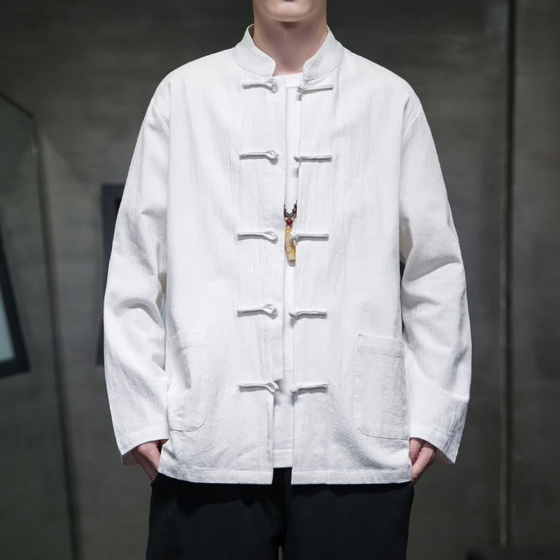 Simple Frog-Button Chinese Tang Suit Cotton Men Jacket Shirt With Pockets