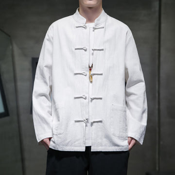 Simple Frog-Button Chinese Tang Suit Cotton Men Jacket Shirt With Pockets