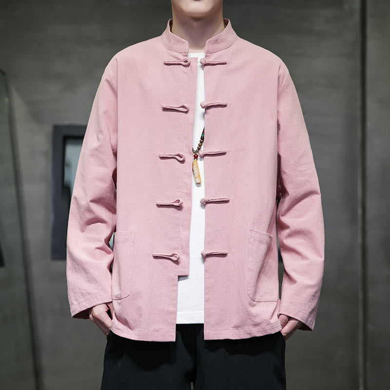 Simple Frog-Button Chinese Tang Suit Cotton Men Jacket Shirt With Pockets