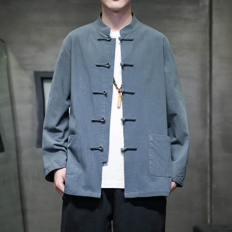 Simple Frog-Button Chinese Tang Suit Cotton Men Jacket Shirt With Pockets