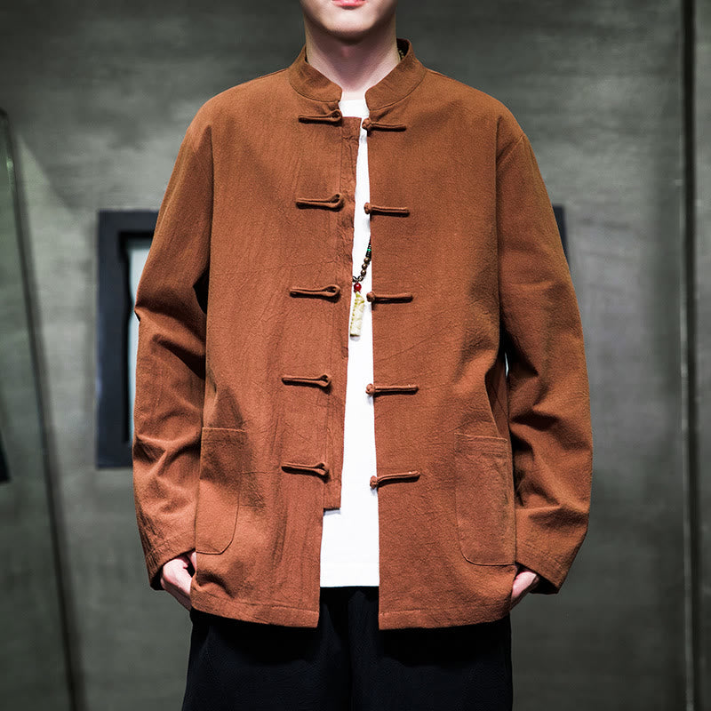 Simple Frog-Button Chinese Tang Suit Cotton Men Jacket Shirt With Pockets