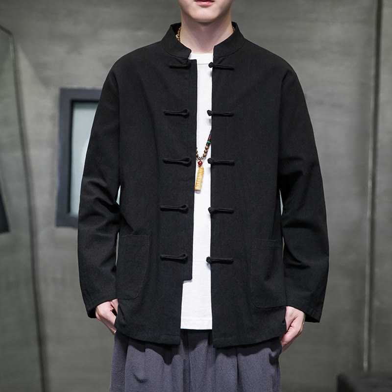 Simple Frog-Button Chinese Tang Suit Cotton Men Jacket Shirt With Pockets