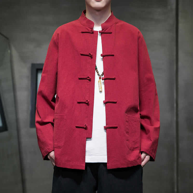 Simple Frog-Button Chinese Tang Suit Cotton Men Jacket Shirt With Pockets