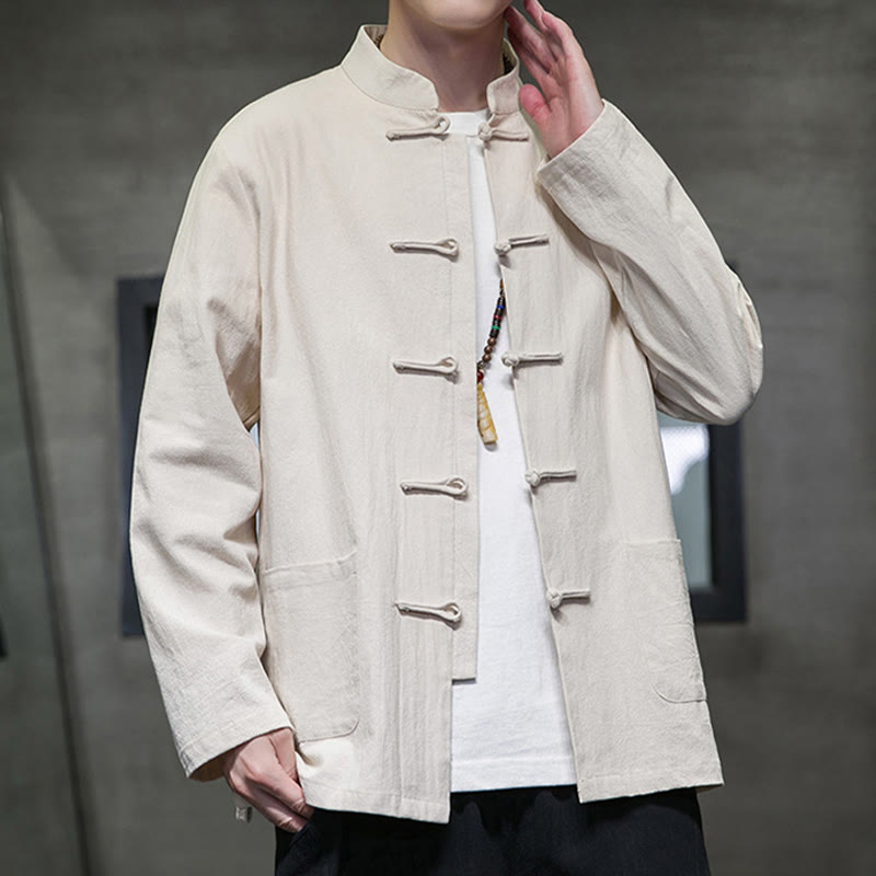 Simple Frog-Button Chinese Tang Suit Cotton Men Jacket Shirt With Pockets