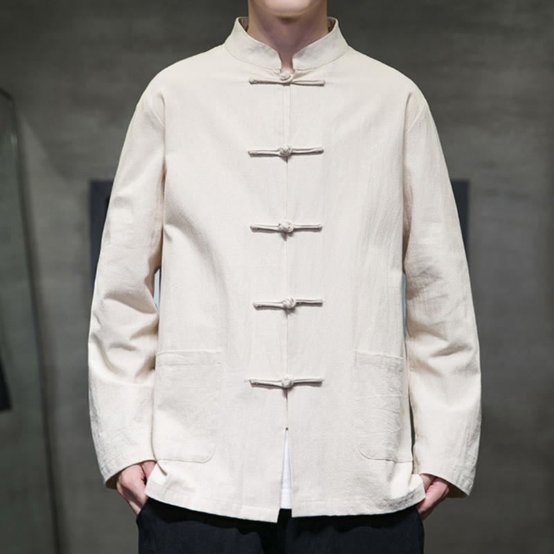Simple Frog-Button Chinese Tang Suit Cotton Men Jacket Shirt With Pockets