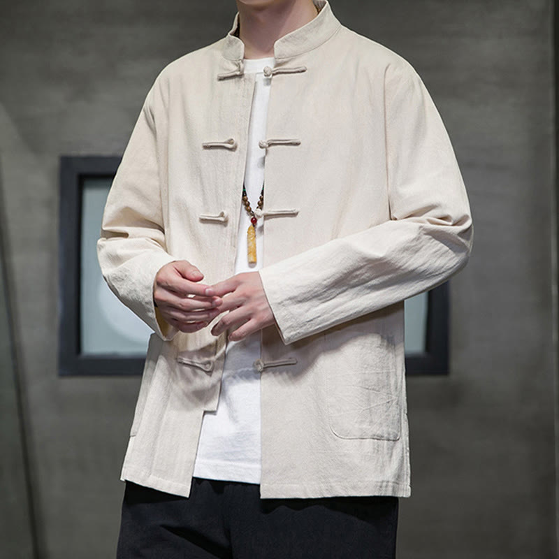 Simple Frog-Button Chinese Tang Suit Cotton Men Jacket Shirt With Pockets