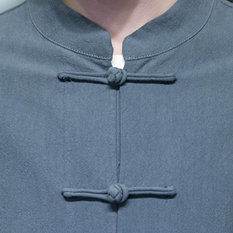 Simple Frog-Button Chinese Tang Suit Cotton Men Jacket Shirt With Pockets