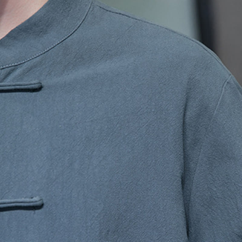 Simple Frog-Button Chinese Tang Suit Cotton Men Jacket Shirt With Pockets