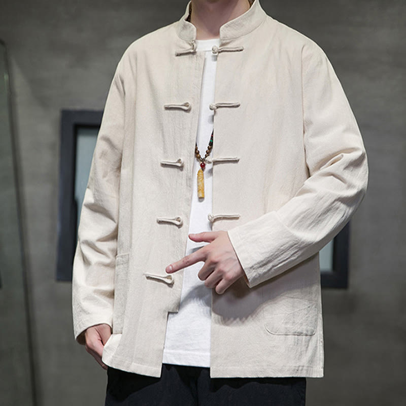 Simple Frog-Button Chinese Tang Suit Cotton Men Jacket Shirt With Pockets