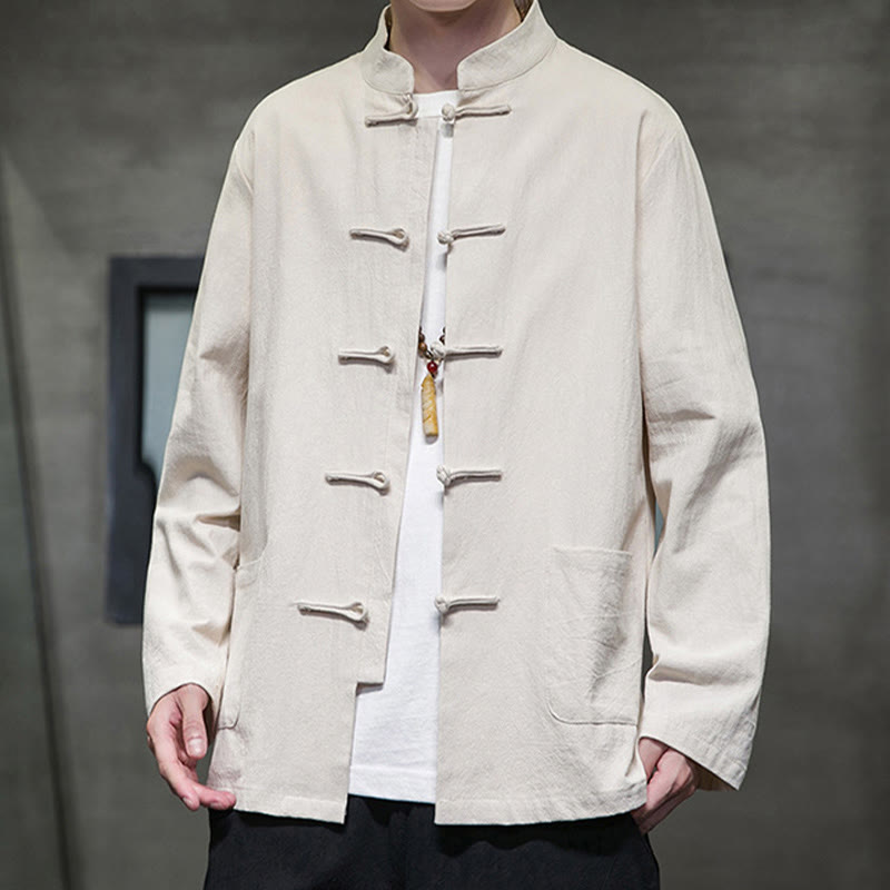 Simple Frog-Button Chinese Tang Suit Cotton Men Jacket Shirt With Pockets
