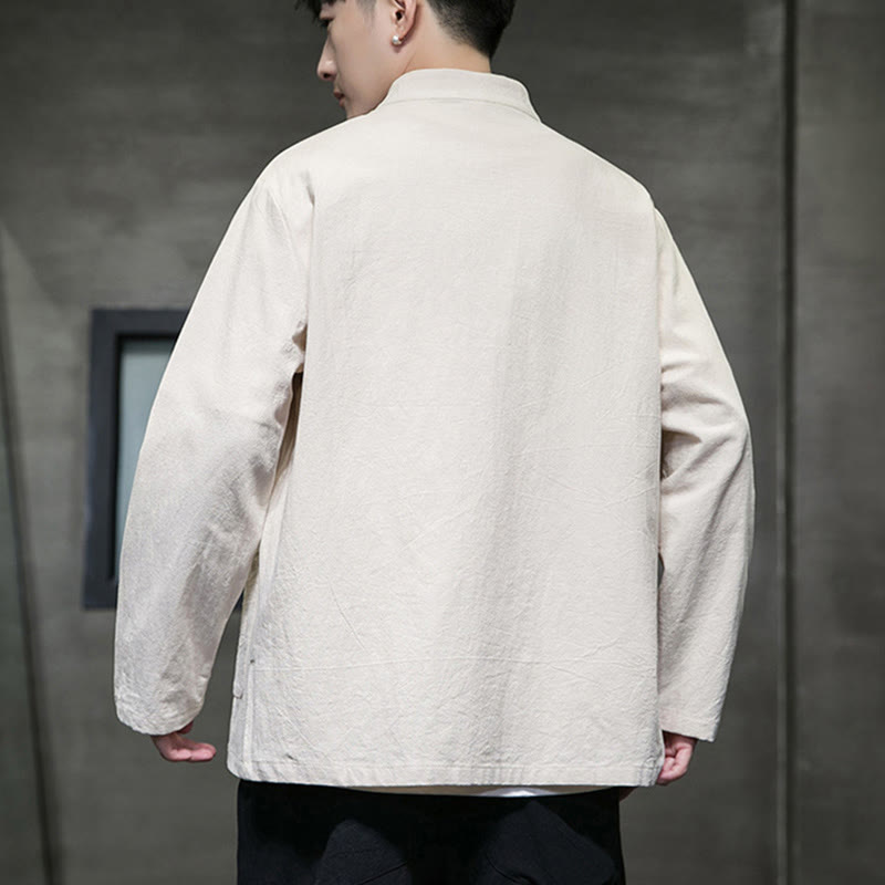 Simple Frog-Button Chinese Tang Suit Cotton Men Jacket Shirt With Pockets