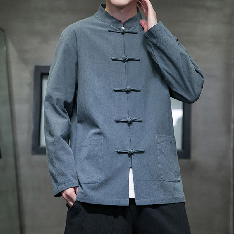 Simple Frog-Button Chinese Tang Suit Cotton Men Jacket Shirt With Pockets