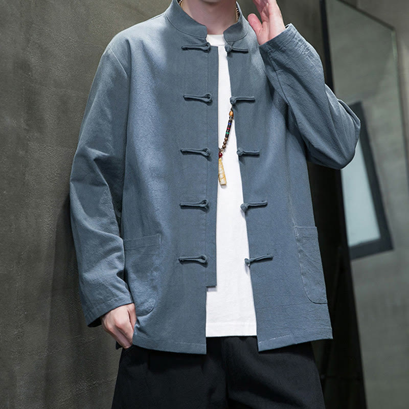 Simple Frog-Button Chinese Tang Suit Cotton Men Jacket Shirt With Pockets