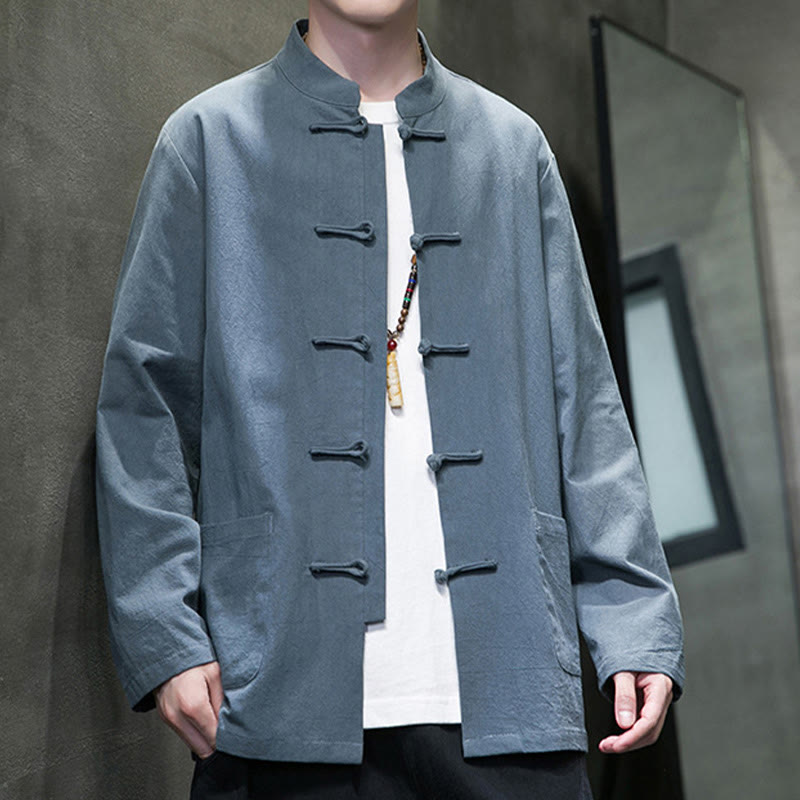 Simple Frog-Button Chinese Tang Suit Cotton Men Jacket Shirt With Pockets