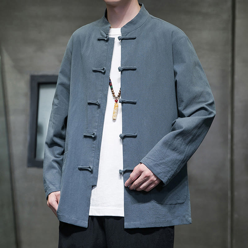 Simple Frog-Button Chinese Tang Suit Cotton Men Jacket Shirt With Pockets
