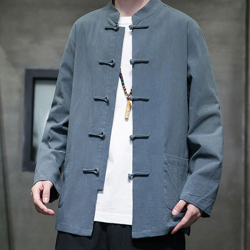 Simple Frog-Button Chinese Tang Suit Cotton Men Jacket Shirt With Pockets