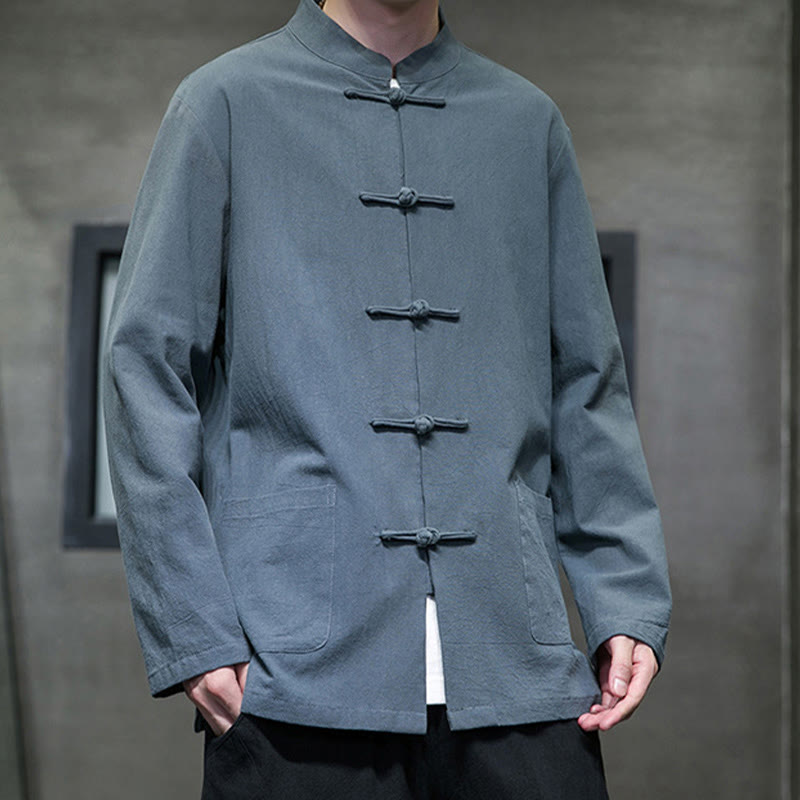 Simple Frog-Button Chinese Tang Suit Cotton Men Jacket Shirt With Pockets