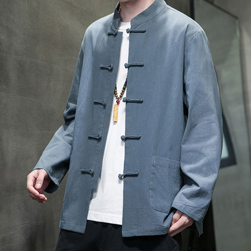 Simple Frog-Button Chinese Tang Suit Cotton Men Jacket Shirt With Pockets