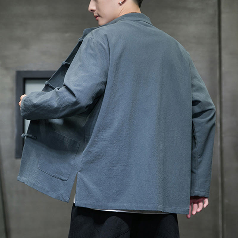 Simple Frog-Button Chinese Tang Suit Cotton Men Jacket Shirt With Pockets