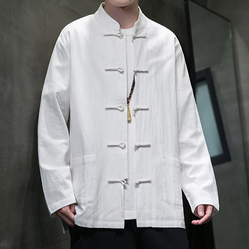 Simple Frog-Button Chinese Tang Suit Cotton Men Jacket Shirt With Pockets