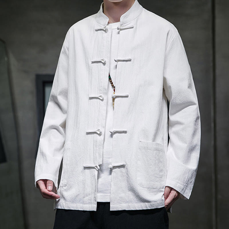 Simple Frog-Button Chinese Tang Suit Cotton Men Jacket Shirt With Pockets