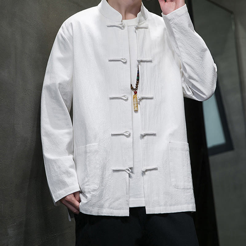 Simple Frog-Button Chinese Tang Suit Cotton Men Jacket Shirt With Pockets