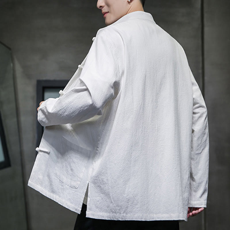 Simple Frog-Button Chinese Tang Suit Cotton Men Jacket Shirt With Pockets