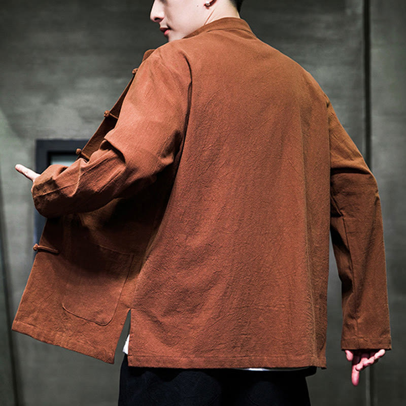 Simple Frog-Button Chinese Tang Suit Cotton Men Jacket Shirt With Pockets