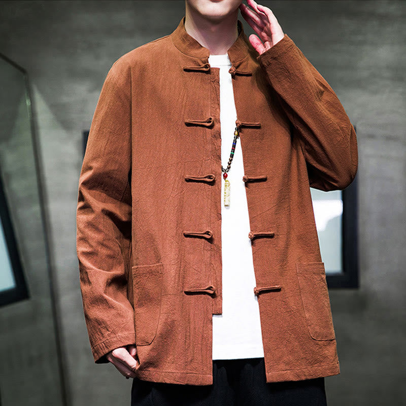 Simple Frog-Button Chinese Tang Suit Cotton Men Jacket Shirt With Pockets