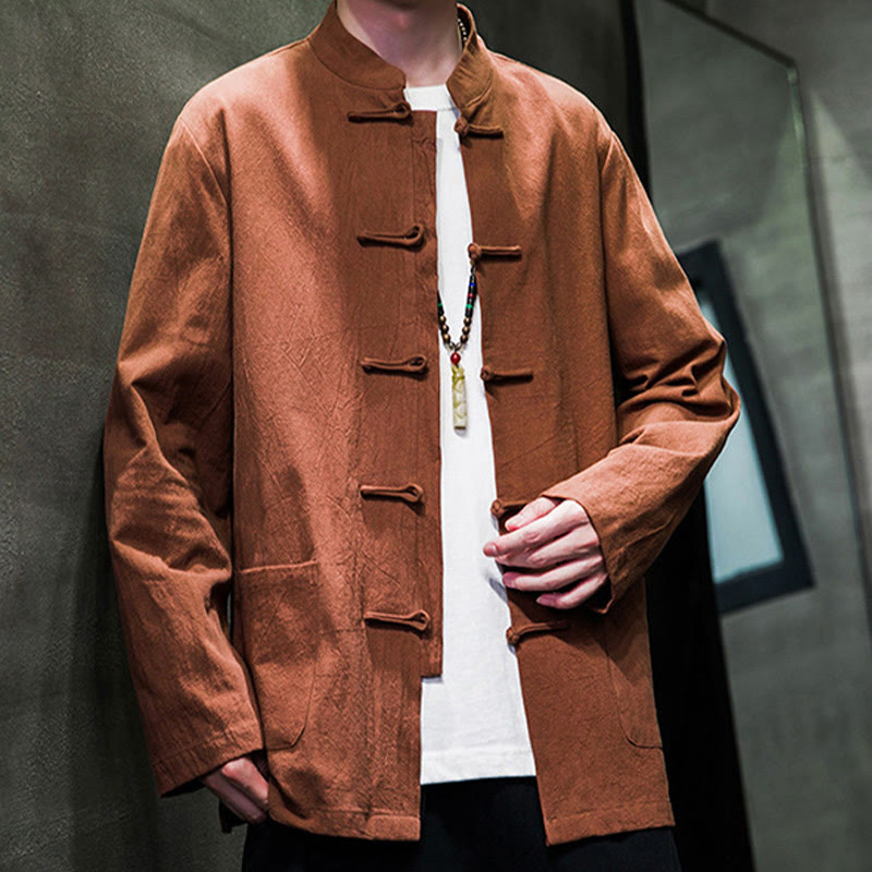 Simple Frog-Button Chinese Tang Suit Cotton Men Jacket Shirt With Pockets