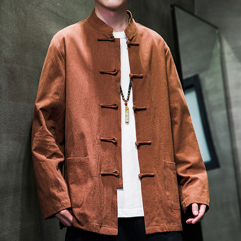 Simple Frog-Button Chinese Tang Suit Cotton Men Jacket Shirt With Pockets