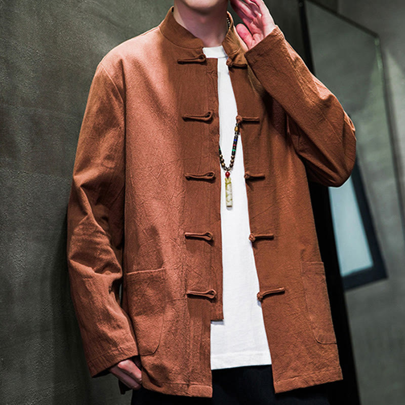 Simple Frog-Button Chinese Tang Suit Cotton Men Jacket Shirt With Pockets