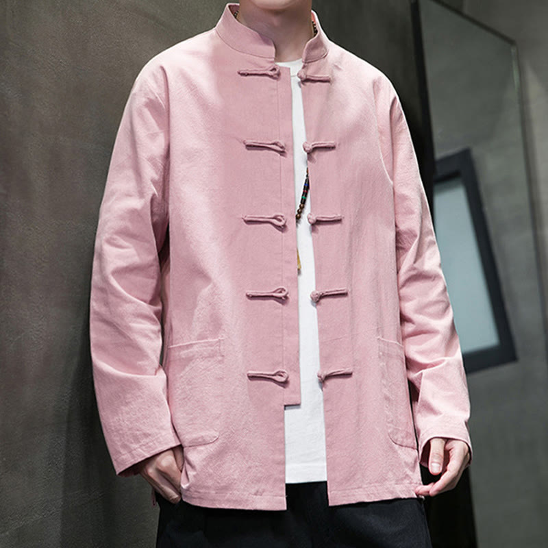 Simple Frog-Button Chinese Tang Suit Cotton Men Jacket Shirt With Pockets
