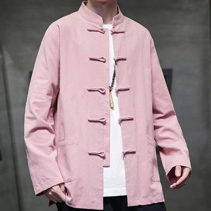 Simple Frog-Button Chinese Tang Suit Cotton Men Jacket Shirt With Pockets