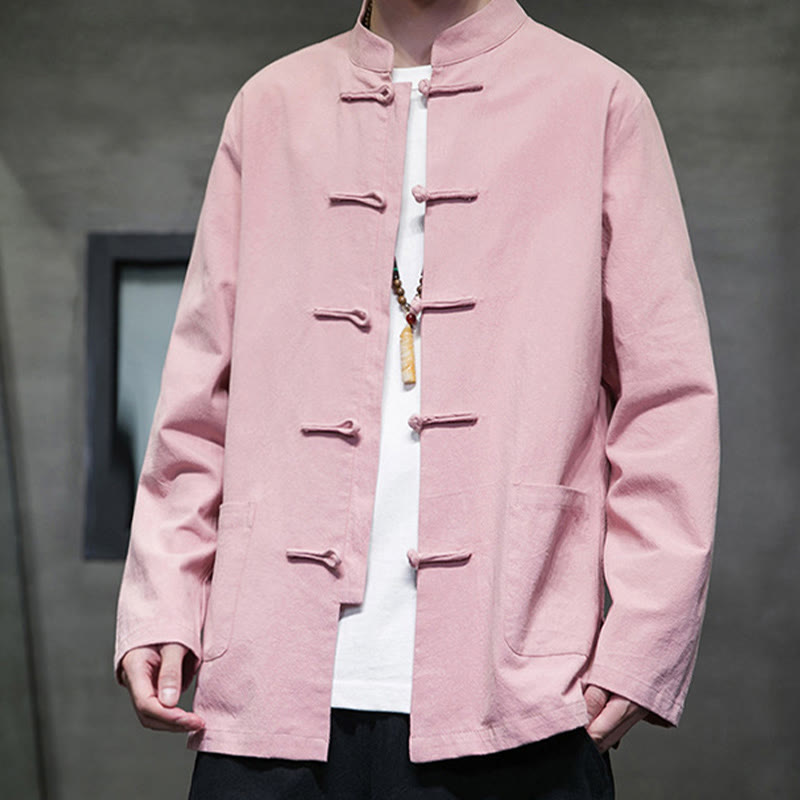 Simple Frog-Button Chinese Tang Suit Cotton Men Jacket Shirt With Pockets