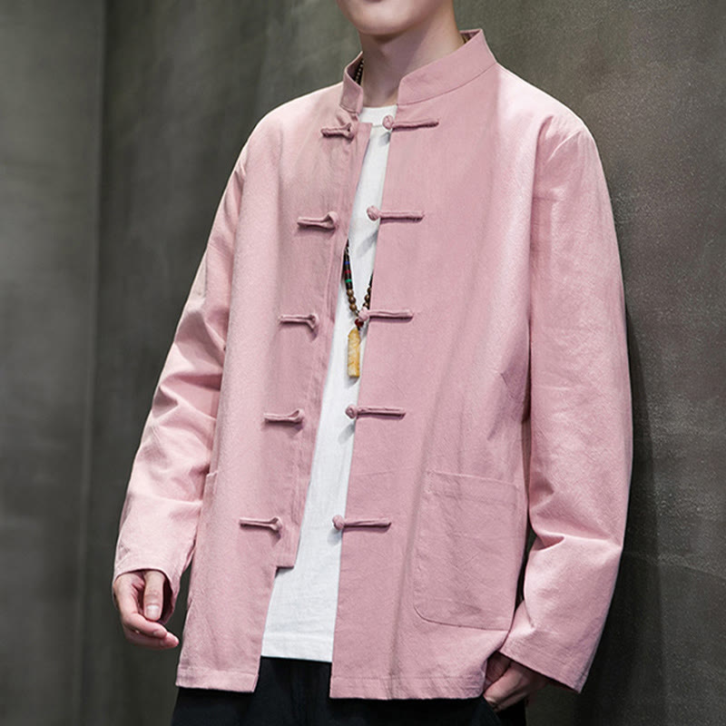 Simple Frog-Button Chinese Tang Suit Cotton Men Jacket Shirt With Pockets